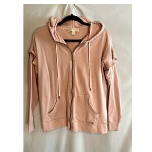 Michael Kors Zip Up Sweatshirt Hoodie Jacket Pink Gold Logo Womens Sz Sm Ruffle